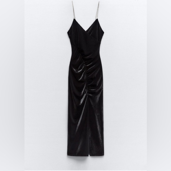 ZARA ~ BLACK VELVET RUCHED GATHERED BODYCON MIDI DRESS WITH RHINESTONE STRAPS - Picture 10 of 11